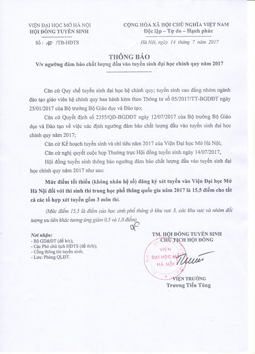 Diem xet tuyen vao truong Vien Dai hoc Mo Ha Noi nam 2017