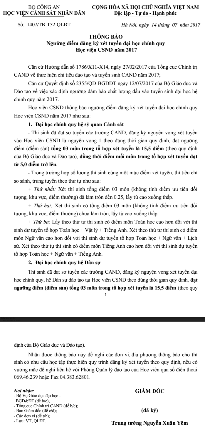 Hoc vien Canh sat nhan dan cong bo diem xet tuyen ho so nam 2017