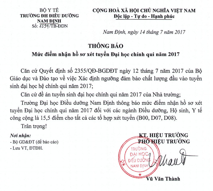 Diem xet tuyen DH Dieu duong Nam Dinh nam 2017