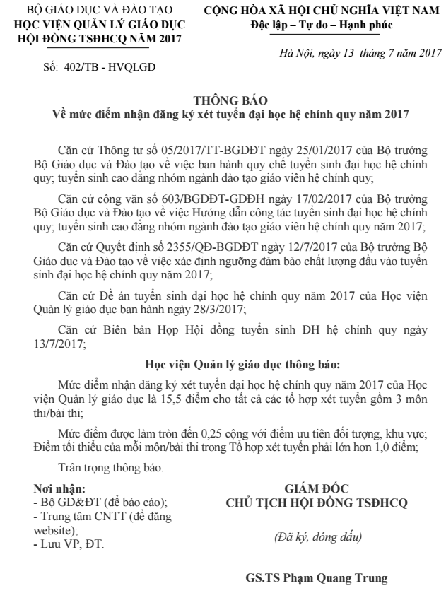 Diem xet tuyen Hoc vien quan ly giao duc nam 2017