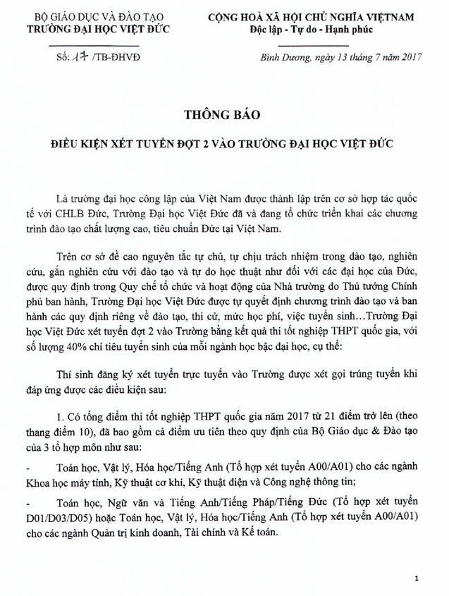 Dieu kien xet tuyen dot 2 Truong DH Viet Duc nam 2017