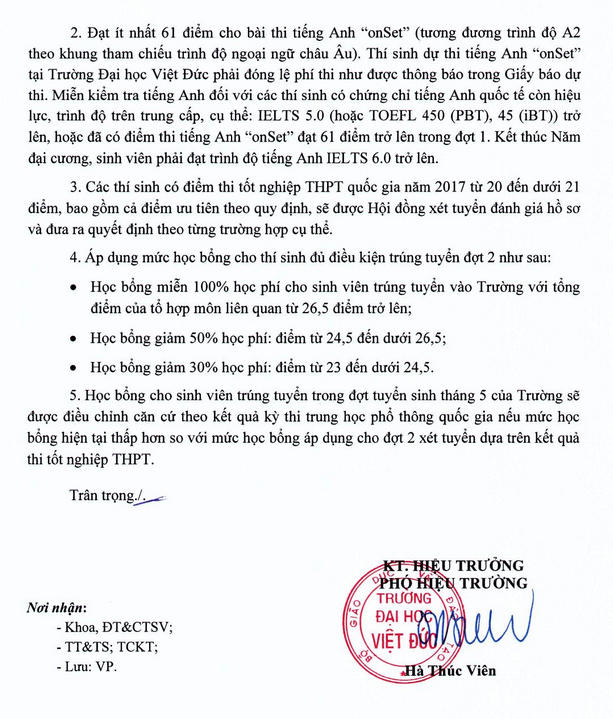 Dieu kien xet tuyen dot 2 Truong DH Viet Duc nam 2017