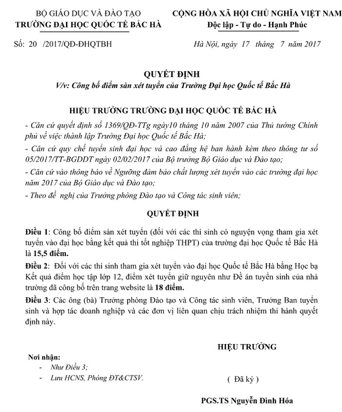 Cong bo diem xet tuyen Dai hoc quoc te Bac Ha nam 2017