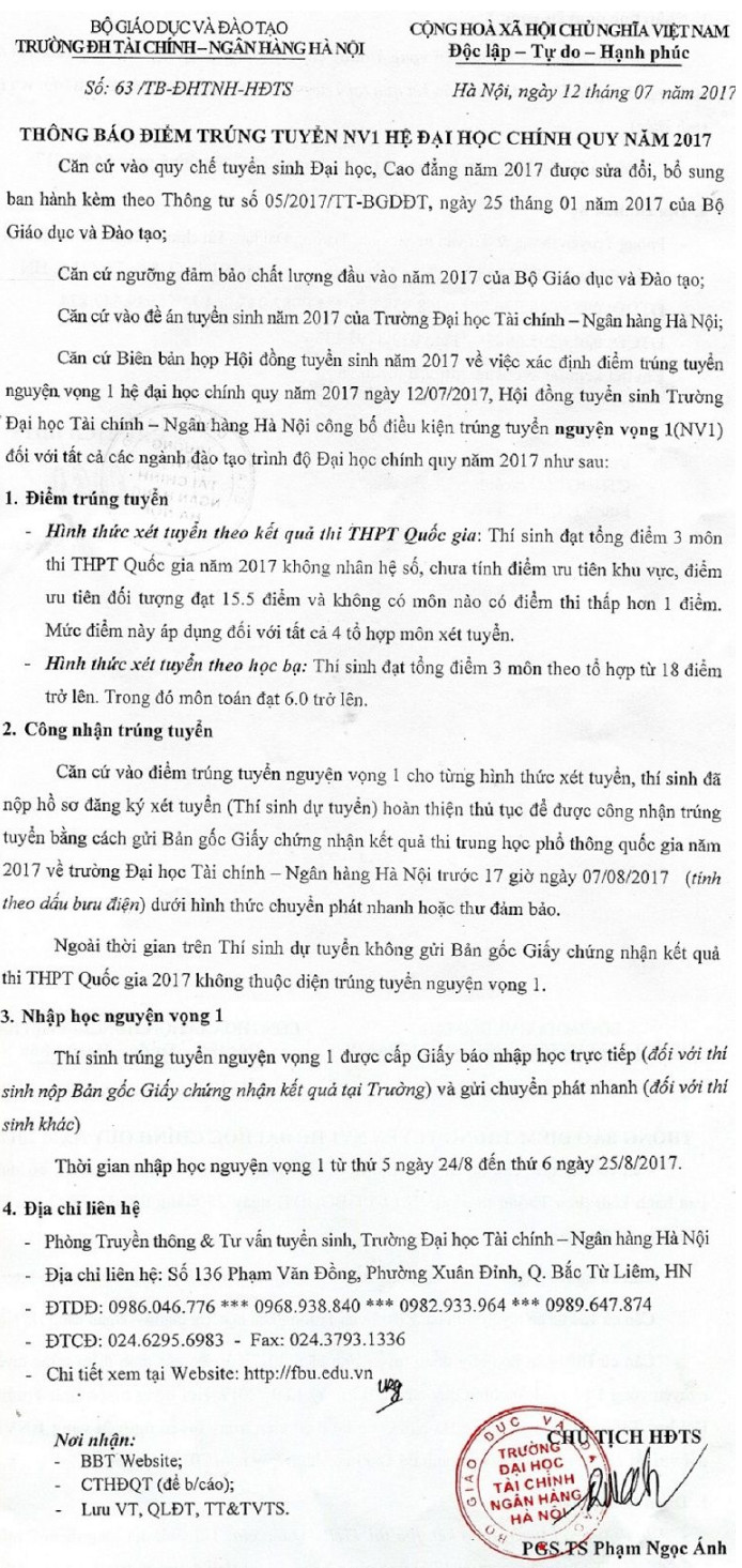 Diem chuan Dai hoc Tai chinh ngan hang Ha Noi 2017