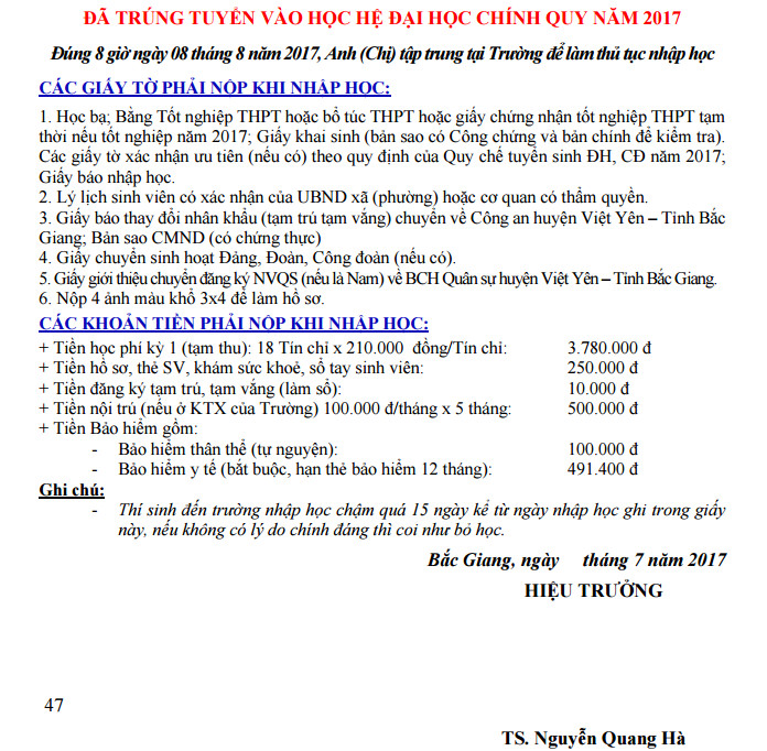 Ho so nhap hoc truong Dai hoc Nong - Lam Bac Giang 2017