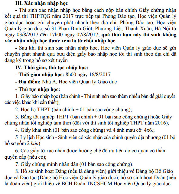 Thu tuc nhap hoc truong Hoc vien Quan ly giao duc 2017