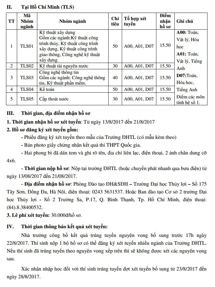 Dai hoc Thuy Loi thong bao xet tuyen bo sung nam 2017