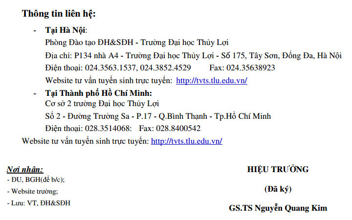 Dai hoc Thuy Loi thong bao xet tuyen bo sung nam 2017