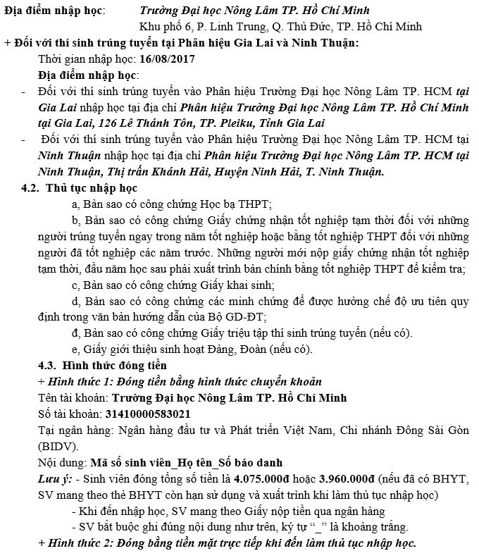 Thu tuc nhap hoc truong Dai hoc Nong Lam TP.HCM 2017