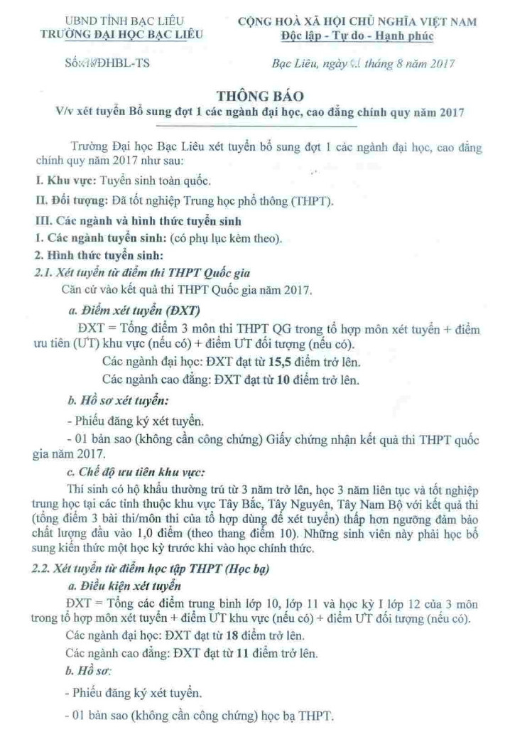 Xet tuyen NV bo sung cua truong DH Bac Lieu nam 2017