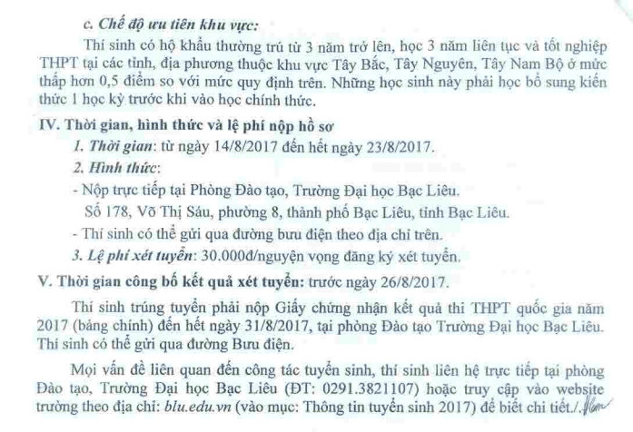 Xet tuyen NV bo sung cua truong DH Bac Lieu nam 2017