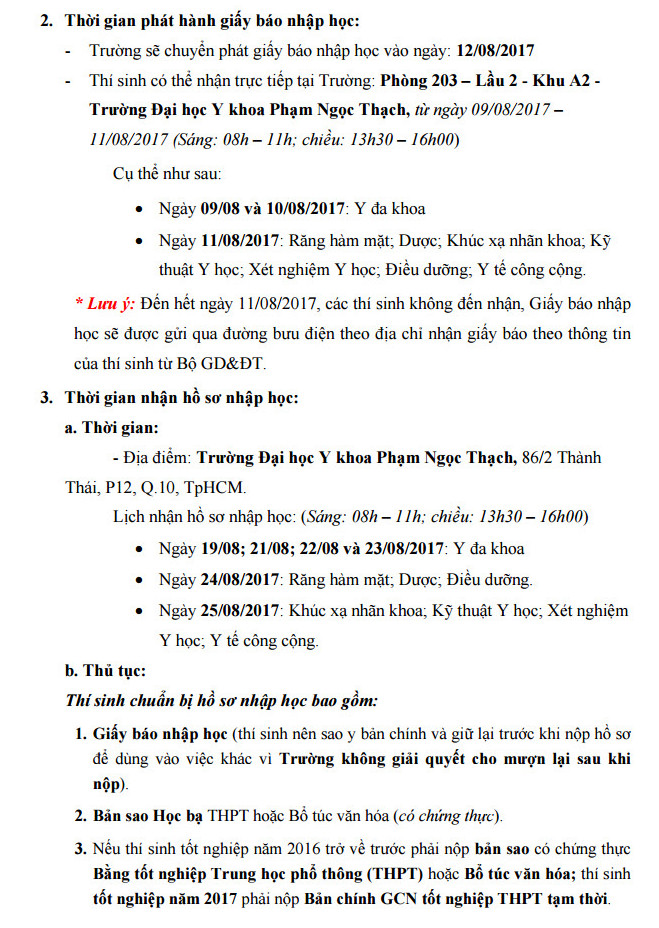 Thu tuc nhap hoc Dai hoc Y Khoa Pham Ngoc Thach  2017