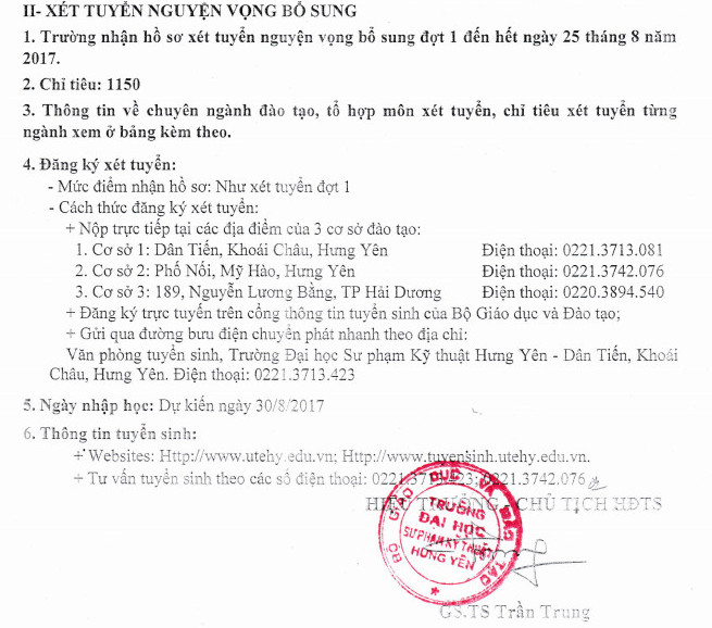 Thong bao xet NVBS dot 1 cua DH Su Pham Ky Thuat Hung Yen 2017