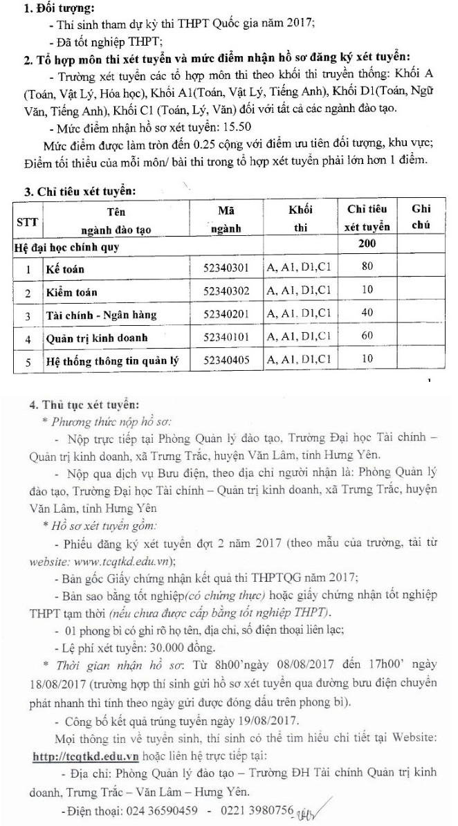 Dai hoc Tai Chinh - Quan tri kinh doanh xet NVBS dot 1 nam 2017