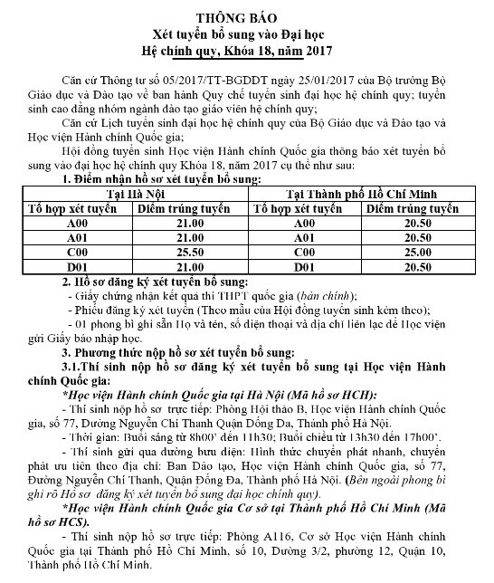 Thong bao xet NVBS dot 1 cua Hoc Vien Hanh Chinh nam 2017