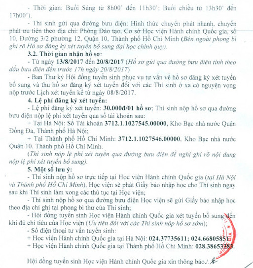 Thong bao xet NVBS dot 1 cua Hoc Vien Hanh Chinh nam 2017