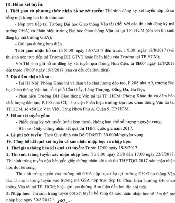 Dai hoc Giao thong van tai thong bao xet NVBS dot 1 nam 2017