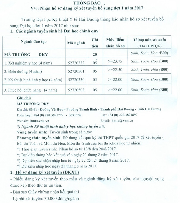 Thong bao xet NVBS dot 1 truong DH Ky Thuat Y Te Hai Duong 2017