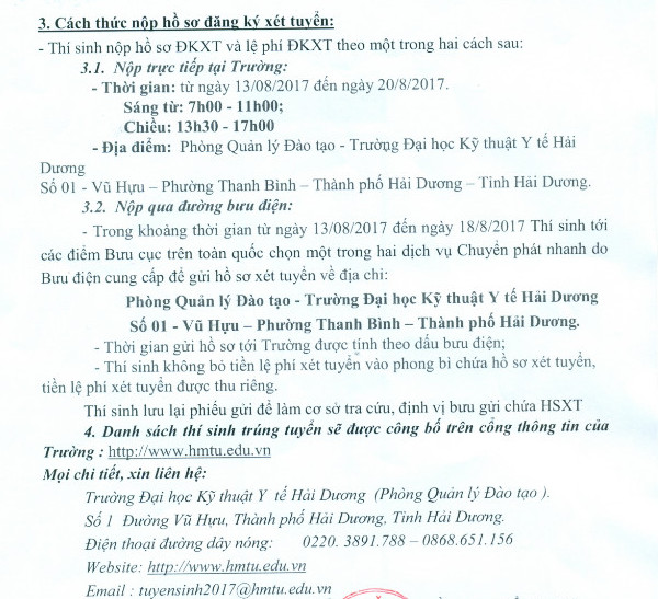 Thong bao xet NVBS dot 1 truong DH Ky Thuat Y Te Hai Duong 2017