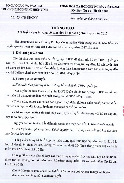 Dai hoc Cong nghiep Vinh xet tuyen nguyen vong bo sung dot 1