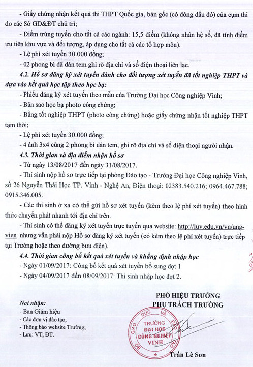 Dai hoc Cong nghiep Vinh xet tuyen nguyen vong bo sung dot 1