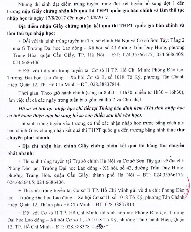 Dai hoc Lao dong xa hoi cong bo diem chuan NVBS dot 1 nam 2017