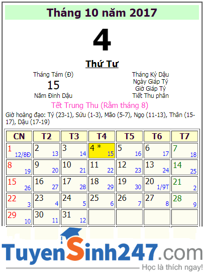Tet trung thu 2017 vao ngay may duong lich?