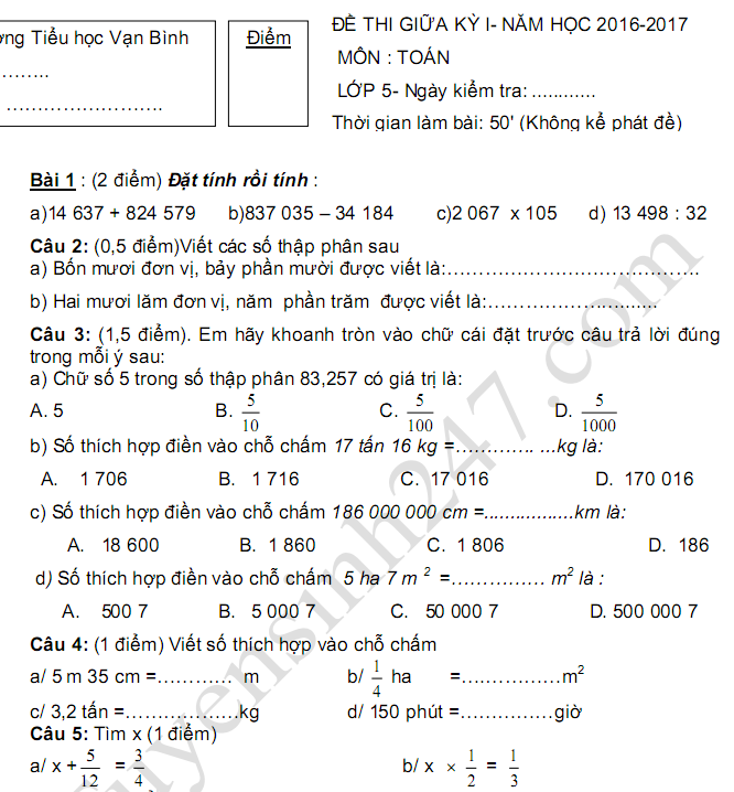 De thi giua hoc ki 1 lop 5 mon Toan - TH Van Binh 2017