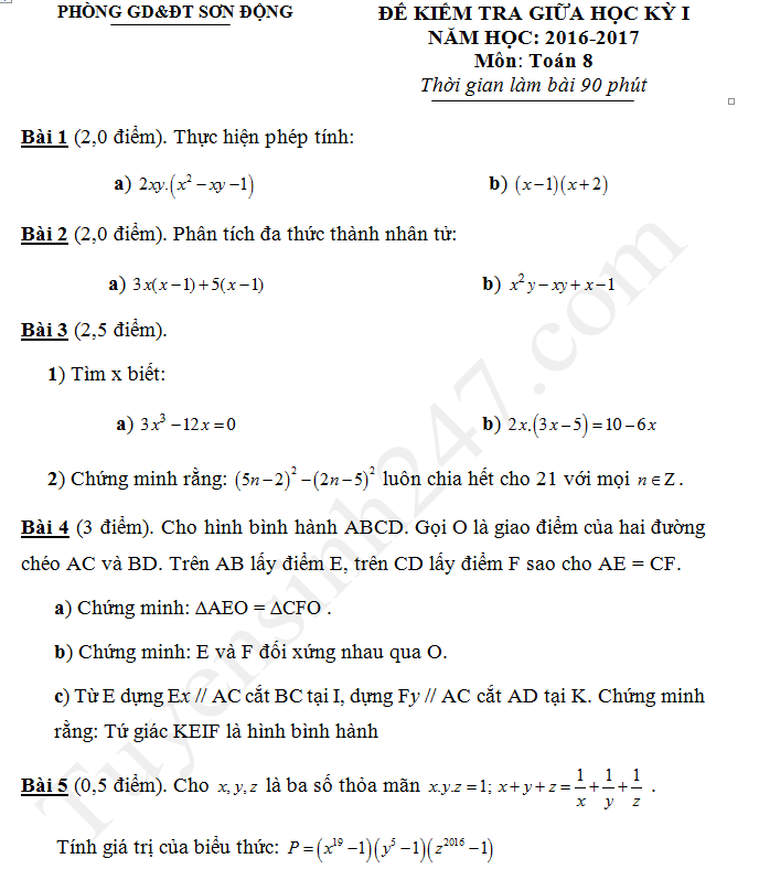 De thi giua ki 1 lop 8 mon Toan 2017 - Son Dong