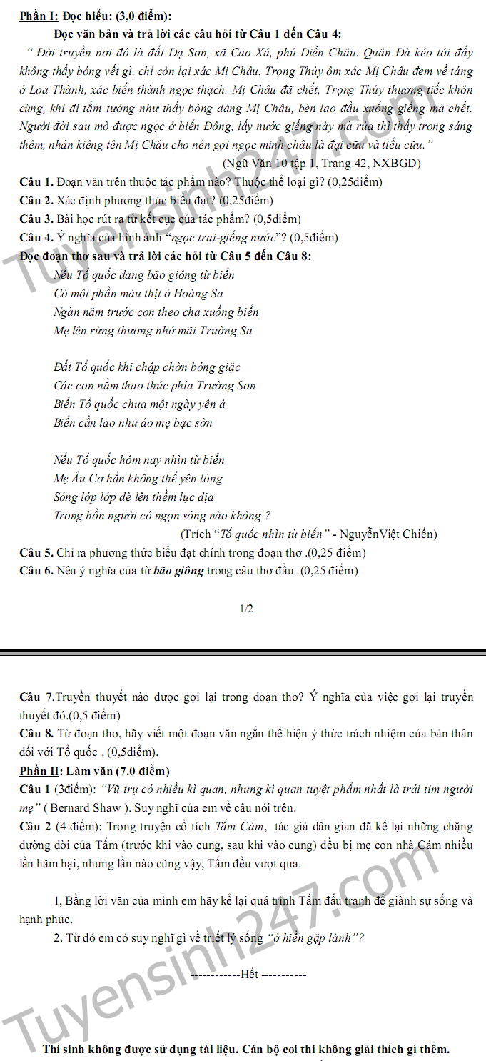 De thi giua hoc ki 1 lop 10 mon Van nam 2017