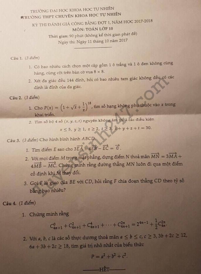 De thi giua ki 1 lop 10 mon Toan 2017 - THPT Chuyen KHTN