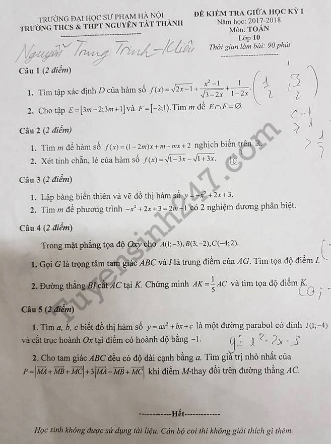 De thi giua ki 1 lop 10 mon Toan 2017-2018 Nguyen Tat Thanh