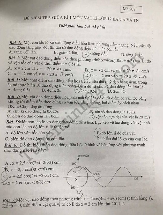 De kiem tra giua ki 1 lop 12 mon Ly 2017 - Yen Hoa