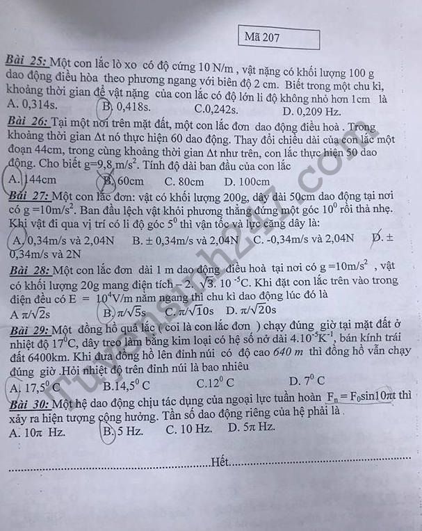 De kiem tra giua ki 1 lop 12 mon Ly 2017 - Yen Hoa
