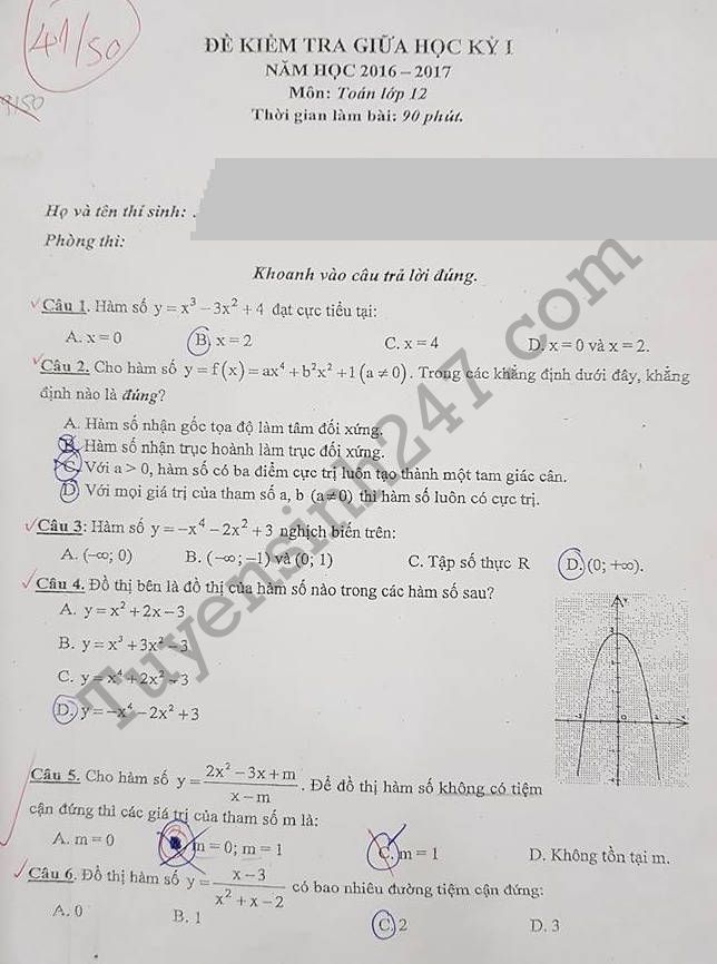 De thi giua ki 1 lop 12 mon Toan - THPT Le Quy Don 2017