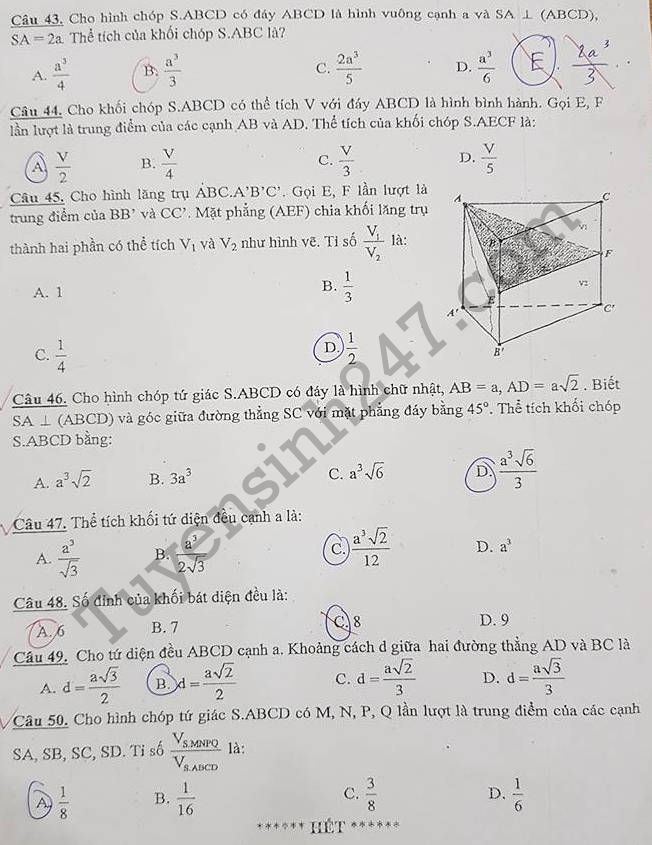 De thi giua ki 1 lop 12 mon Toan - THPT Le Quy Don 2017