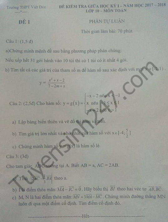 De thi giua hoc ki 1 lop 10 mon Toan - THPT Viet Duc 2017
