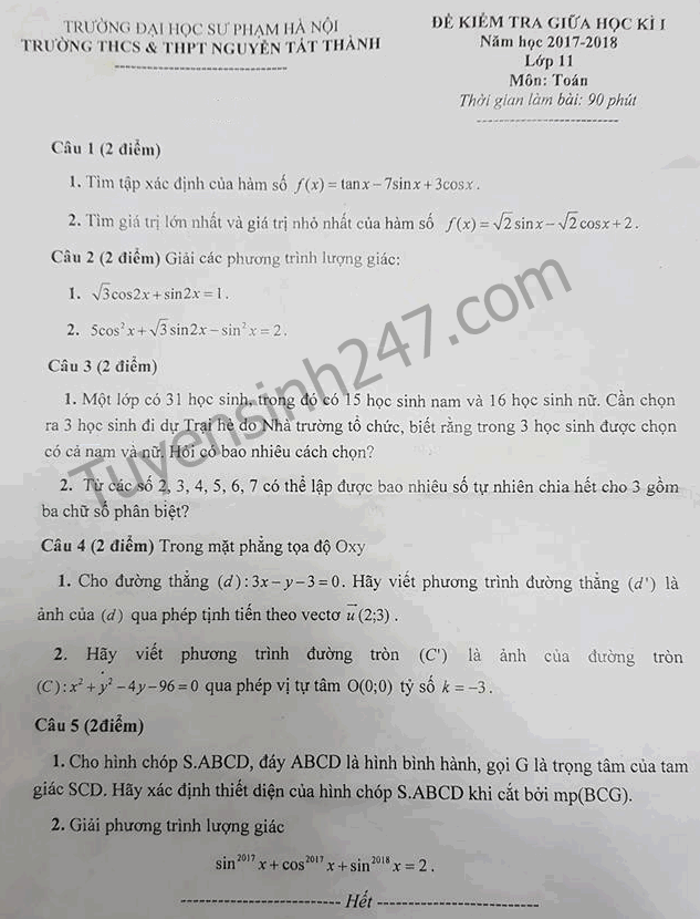 De thi giua ki 1 lop 11 mon Toan 2017 - Nguyen Tat Thanh