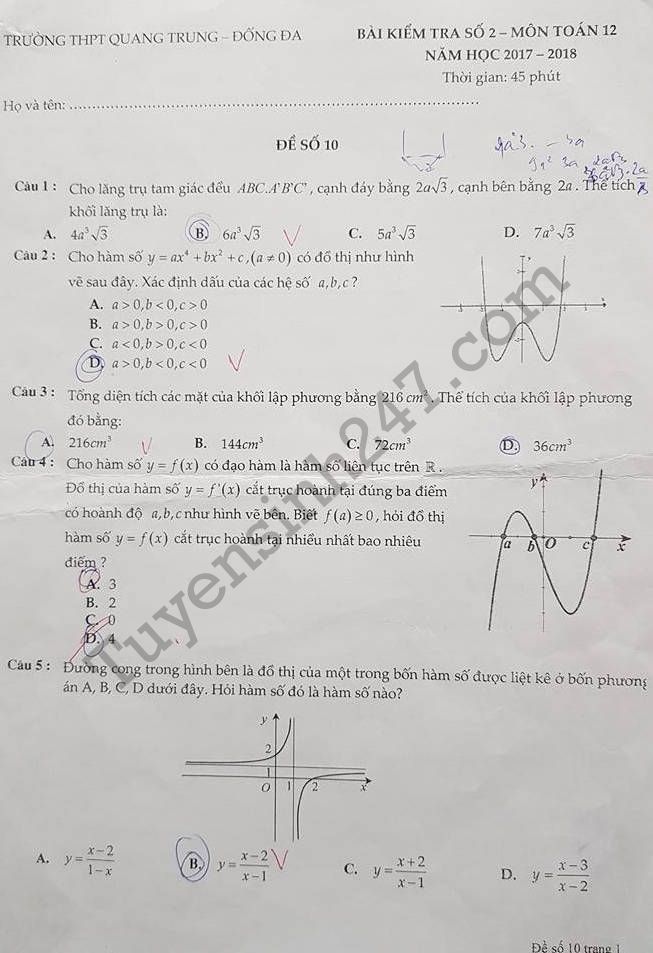 De thi giua ki 1 lop 12 mon Toan - THPT Quang Trung 2017