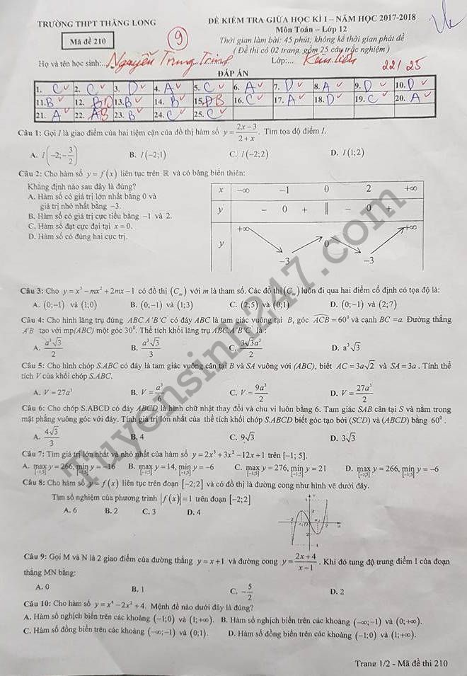 De thi giua hoc ki 1 lop 12 mon Toan - THPT Thang Long 2017