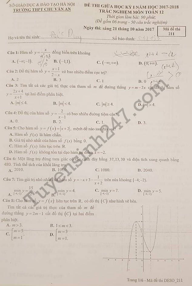 De thi giua hoc ki 1 lop 12 mon Toan 2017 - THPT Chu Van An