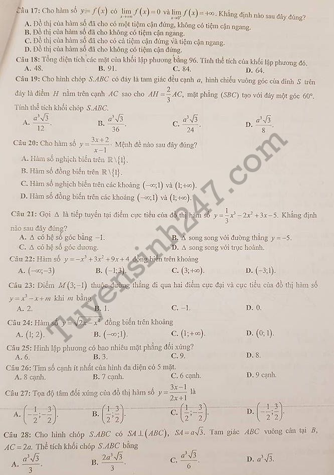De thi giua hoc ki 1 lop 12 mon Toan 2017 - THPT Chu Van An