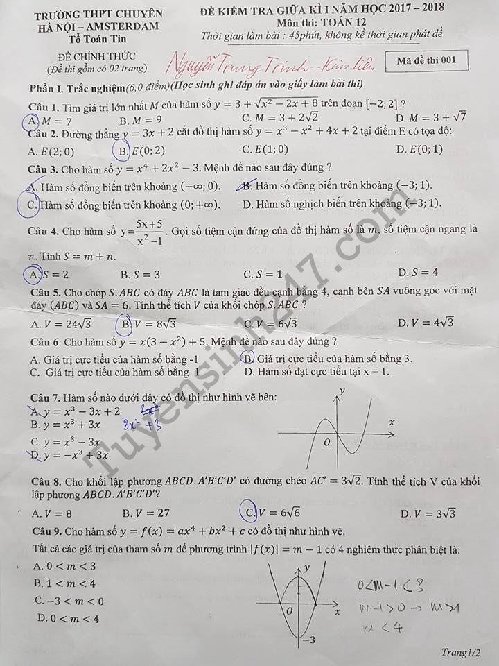 De thi giua ki 1 lop 12 mon Toan 2017 THPT Chuyen Ha Noi - Amsterdam
