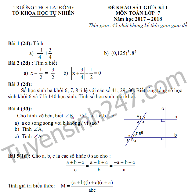 De thi giua ki 1 lop 7 mon Toan - THCS Lai Dong nam 2017