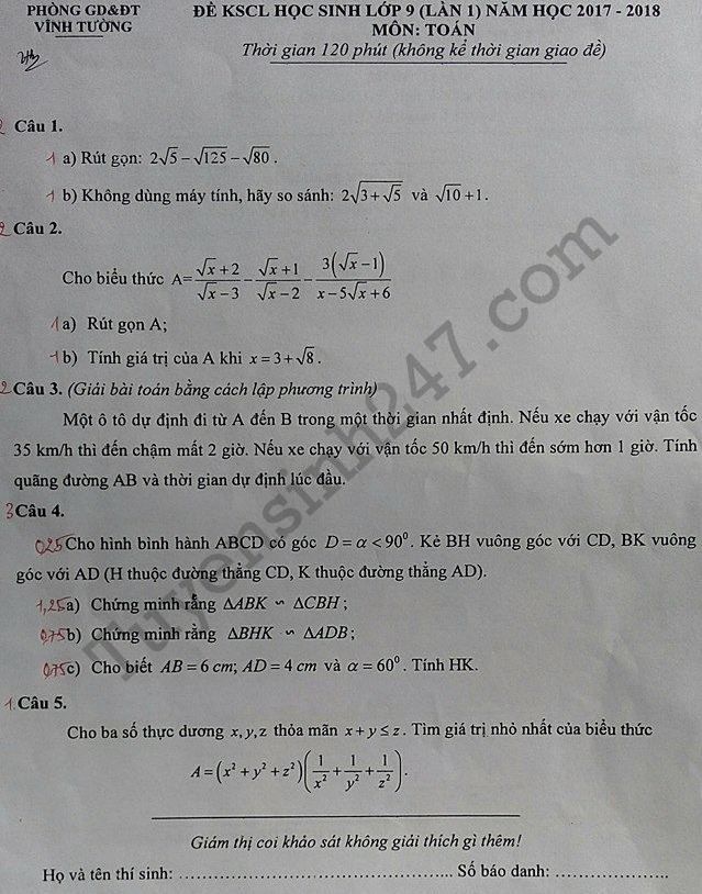 De thi giua ki 1 lop 9 mon Toan 2017 - Vinh Tuong