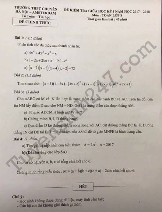 De thi giua ki 1 lop 8 mon Toan - Chuyen Amsterdam 2017