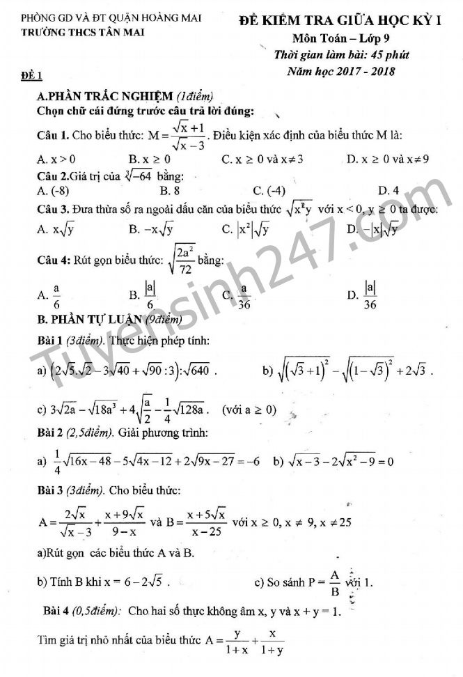 De thi giua ki 1 lop 9 mon Toan 2017 - 2018 - THCS Tan Mai