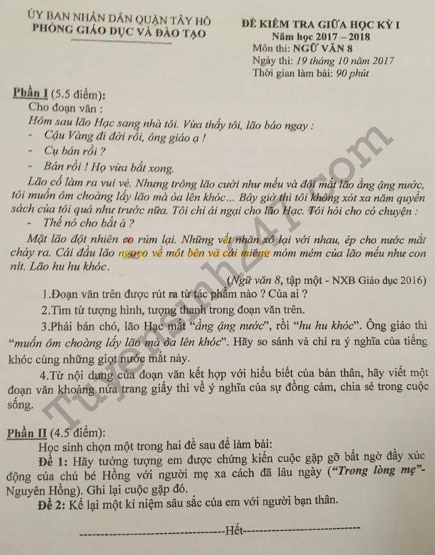 De thi giua ki 1 lop 8 mon Van 2017 - 2018 quan Tay Ho