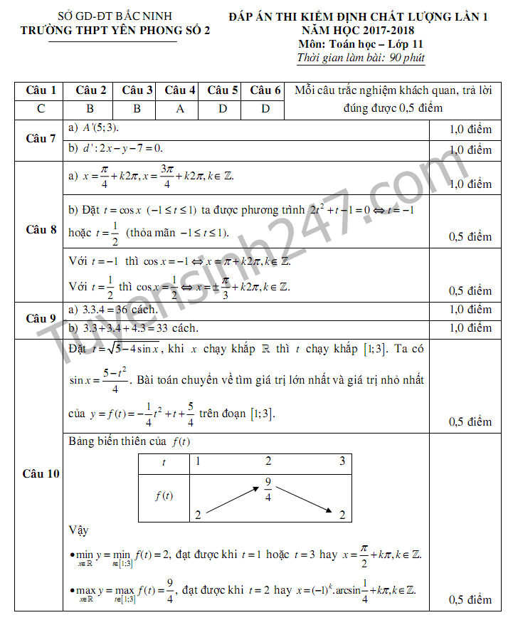 De thi giua ki 1 lop 11 mon Toan 2017 - THPT Yen Phong so 2