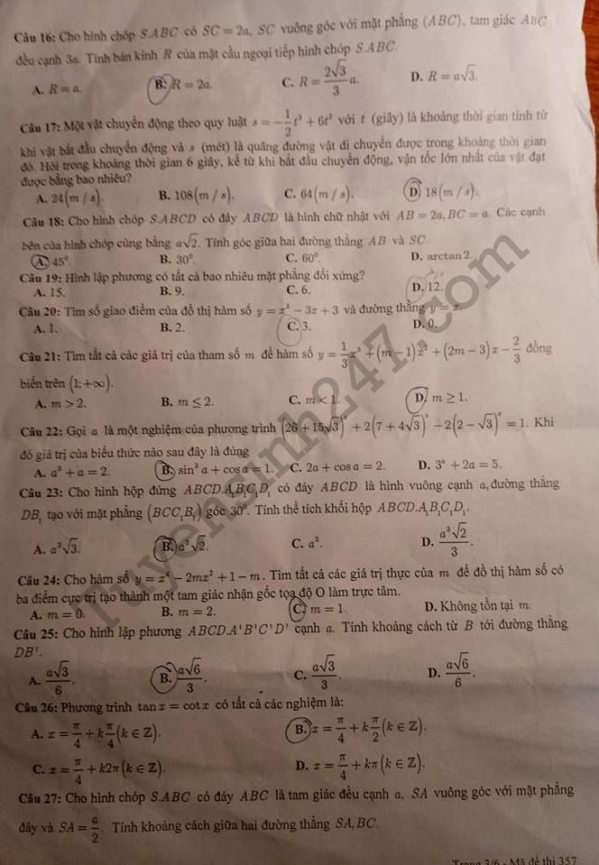 De thi giua ki 1 lop 12 mon Toan THPT Chuyen DH Vinh 2017 - 2018